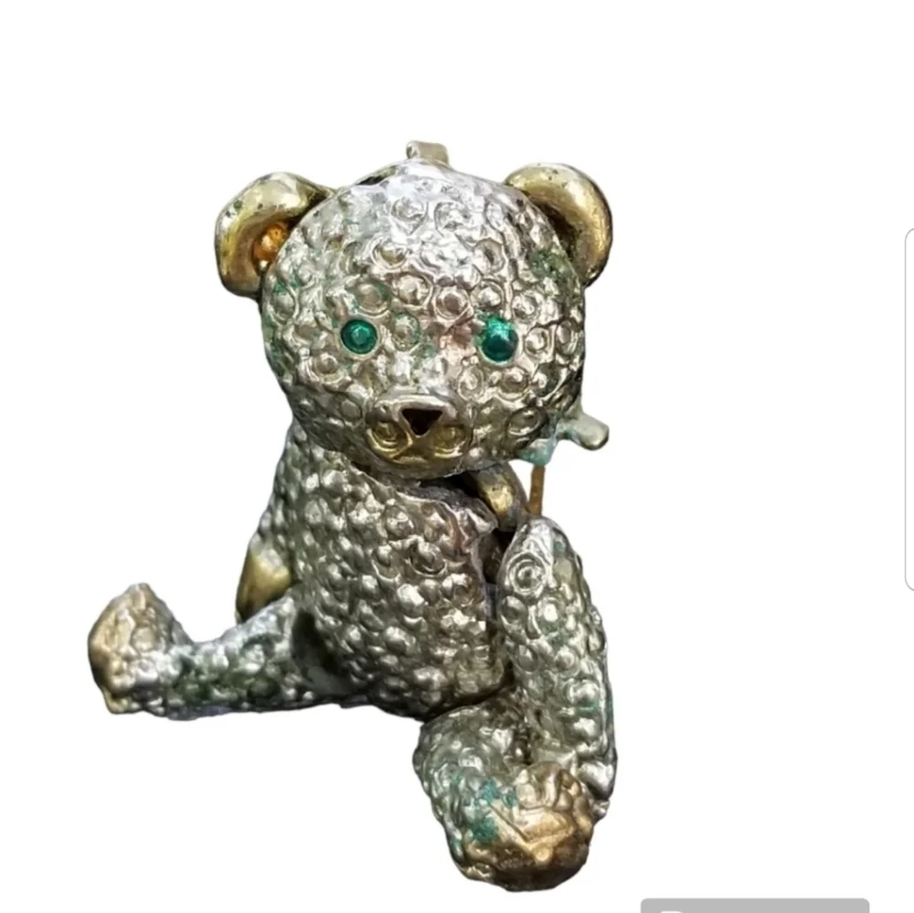 VINTAGE GOLD & SILVERTONED ARTICULATED TEDDY BEAR BROOCH/ PENDANT